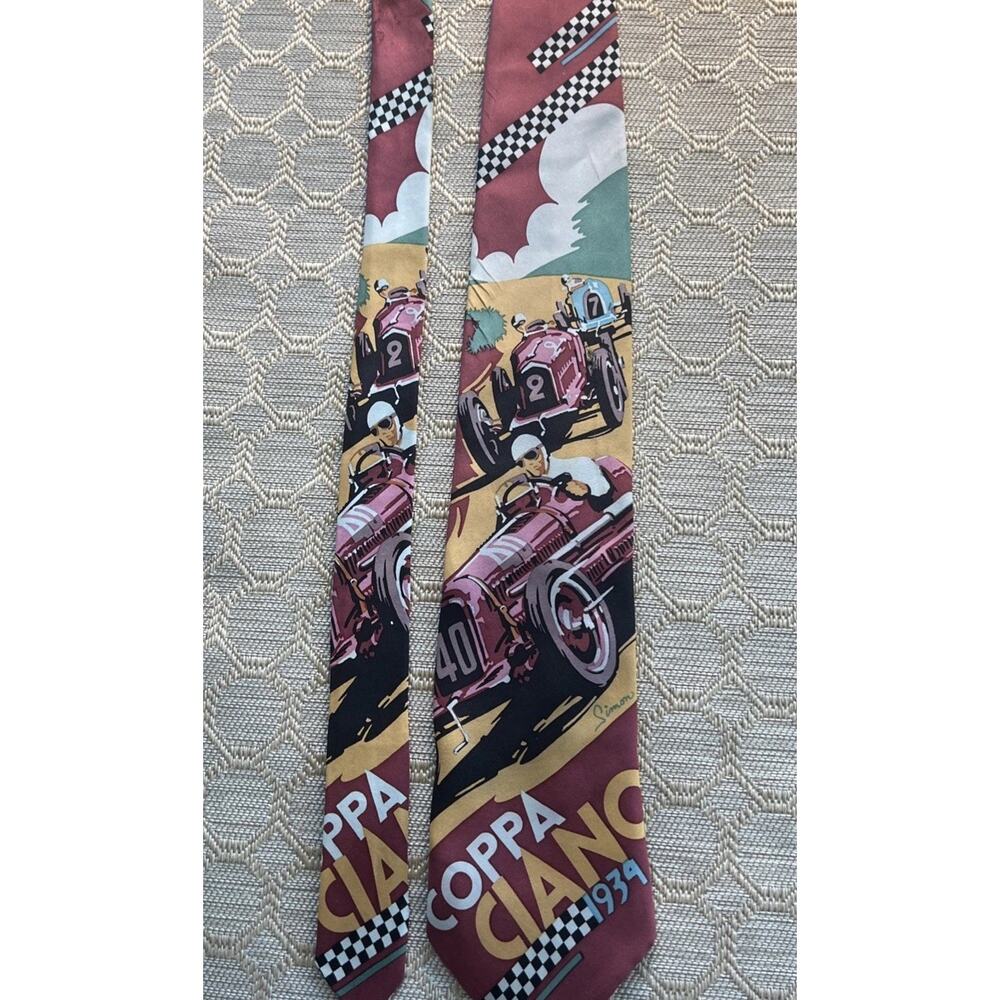 Vtg. RM Ralph Marlin Style Racing Tie Coppa Ciano 1934 Novelty Race Car Necktie